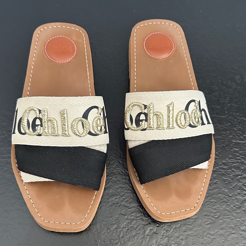 Chloe Gold-Logo Canvas Slide Sandals in Black, Cream & Tan